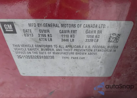 2014 Chevrolet Impala 2Lt из США, поврежденный, VIN 2G1125S32E9100738